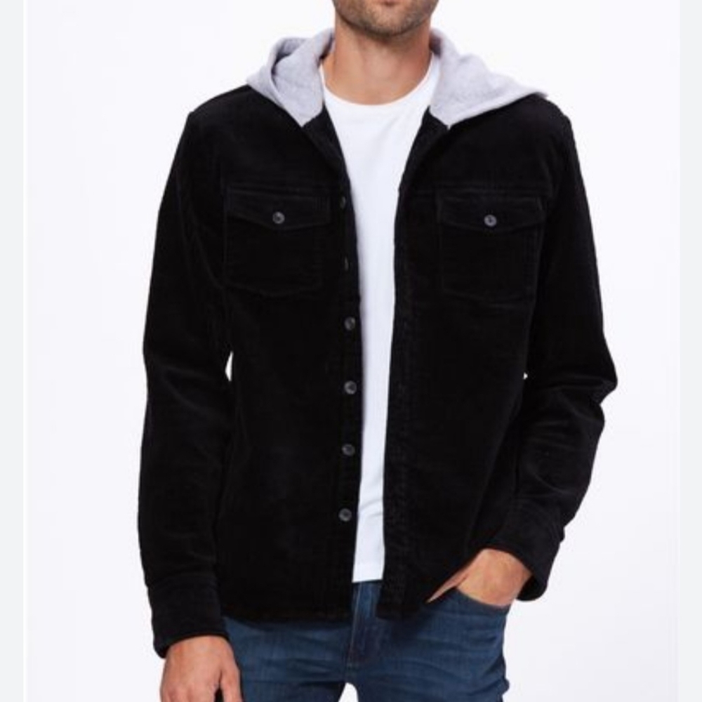 Paige Carlton Mens Black Corduroy Shirt Jacket Attached Hood Large